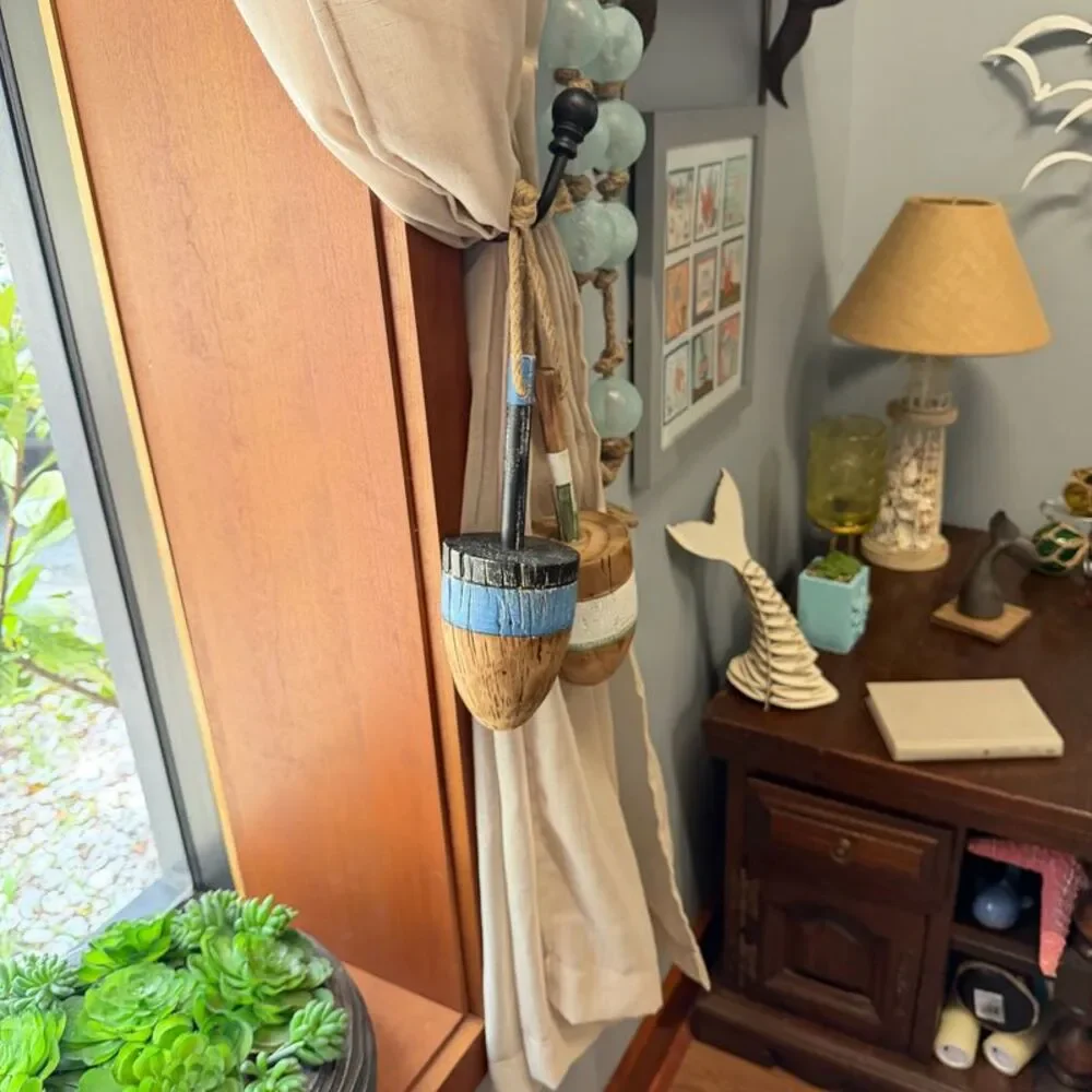 Rustic Wooden Buoy Set of 2 Nautical Wall Decor Striped Rope Hangers 15 In